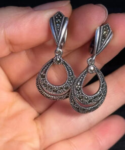 Marcasite Double Row Pear Shaped Hollow Dangle Earring.