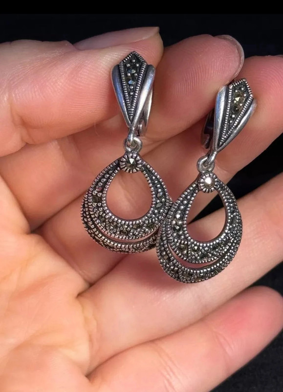 Marcasite Double Row Pear Shaped Hollow Dangle Earring.