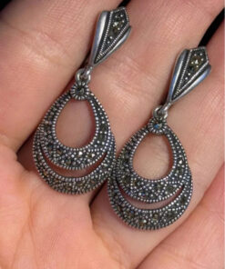 Marcasite Double Row Pear Shaped Hollow Dangle Earring.