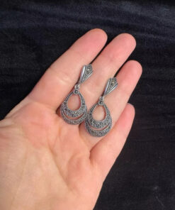 Marcasite Double Row Pear Shaped Hollow Dangle Earring