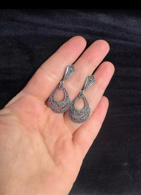 Marcasite Double Row Pear Shaped Hollow Dangle Earring.