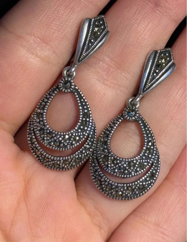 Marcasite Double Row Pear Shaped Hollow Dangle Earring.