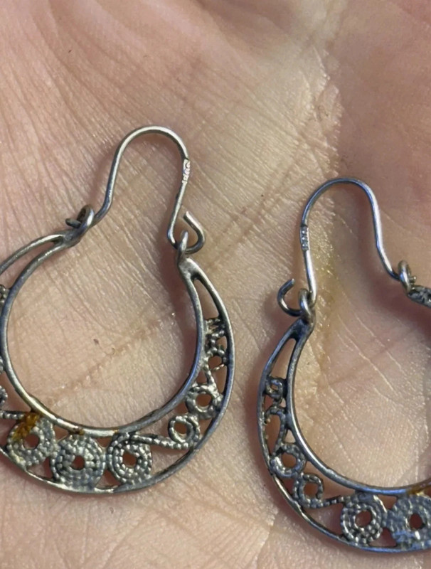 800 Silver Cut Out Scroll Design Snap Closure Hoop Earrings