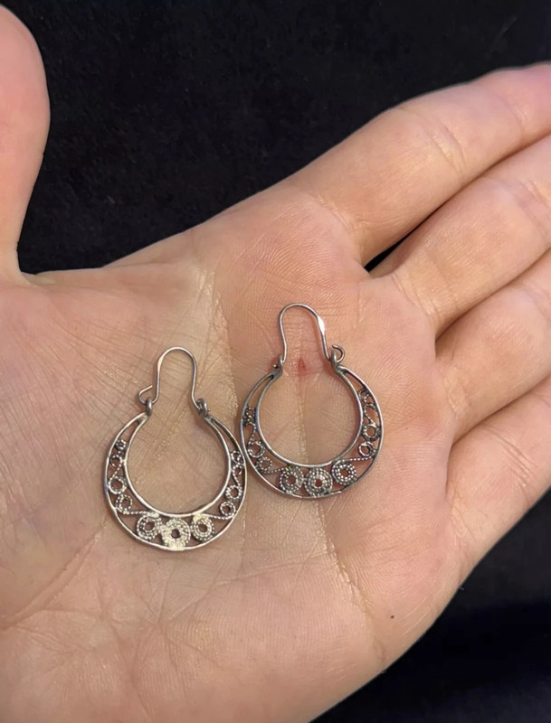 800 Silver Cut Out Scroll Design Snap Closure Hoop Earrings