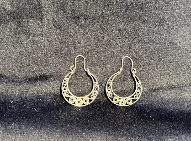 800 Silver Cut Out Scroll Design Snap Closure Hoop Earrings