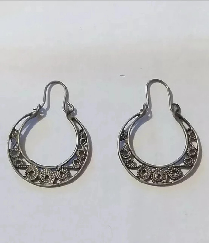 800 Silver Cut Out Scroll Design Snap Closure Hoop Earrings