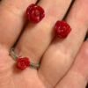 set of red rose coral stud earrings and ring size P(#8)