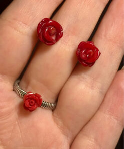 set of red rose coral stud earrings and ring size P(#8)