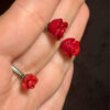 set of red rose coral stud earrings and ring size P(#8)