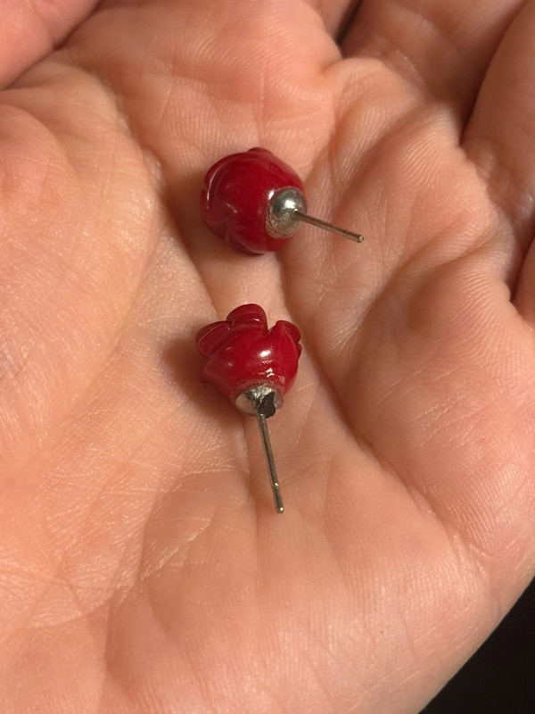 set of red rose coral stud earrings and ring size P(#8)