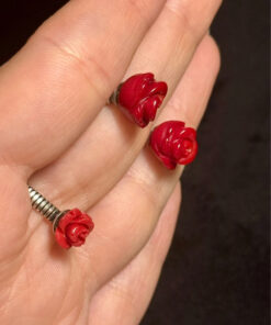 set of red rose coral stud earrings and ring size P(#8)