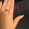 set of red rose coral stud earrings and ring size P(#8)