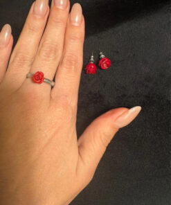 set of red rose coral stud earrings and ring size P