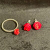 set of red rose coral stud earrings and ring size P(#8)