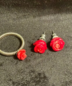 set of red rose coral stud earrings and ring size P