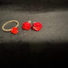 set of red rose coral stud earrings and ring size P(#8)