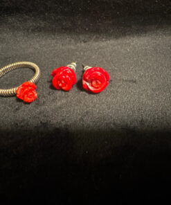 set of red rose coral stud earrings and ring size P