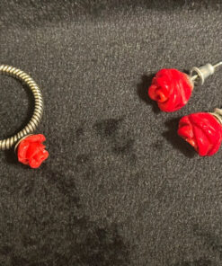 set of red rose coral stud earrings and ring size P