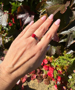set of red rose coral stud earrings and ring size P