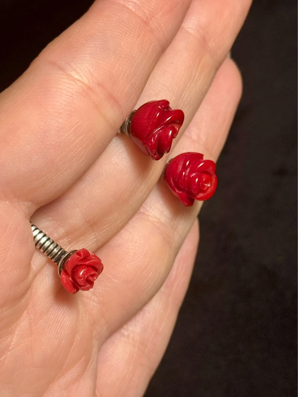 set of red rose coral stud earrings and ring size P(#8)