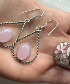 Set of earrings rose quartz/ring size O enamel(#25)