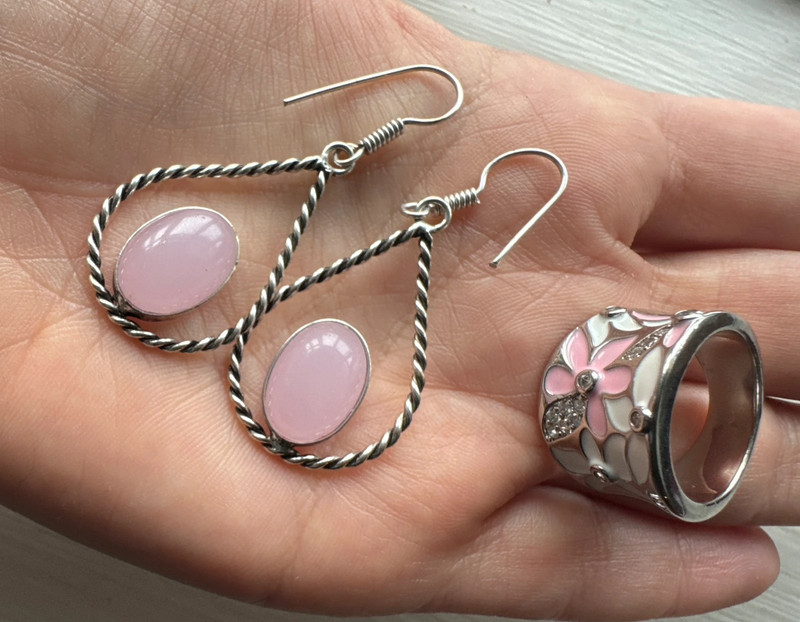 Set of earrings rose quartz/ring size O enamel(#25)