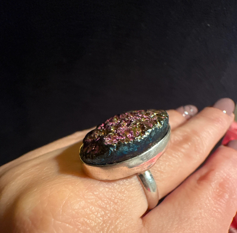 Purple Titanium Druzy 925 Silver Ring Uk size N (#30)