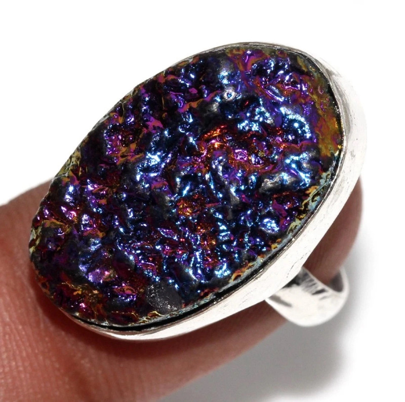 Purple Titanium Druzy 925 Silver Ring Uk size N (#30)