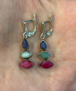 Stunning silver earrings with natural emerald, ruby, and sapphire.