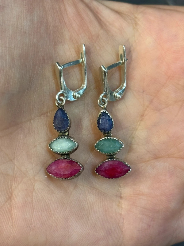 Stunning silver earrings with natural emerald, ruby, and sapphire.