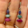 Stunning silver earrings with natural emerald, ruby, and sapphire.