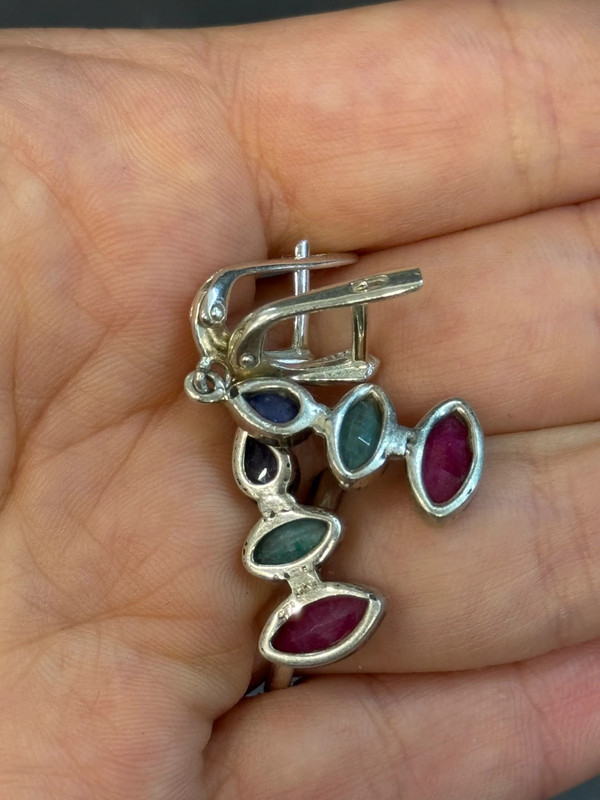 Stunning silver earrings with natural emerald, ruby, and sapphire.
