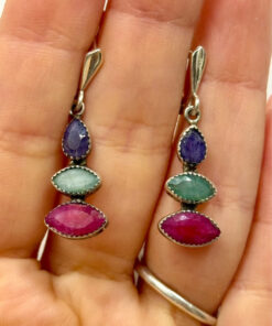 Stunning silver earrings with natural emerald, ruby, and sapphire.