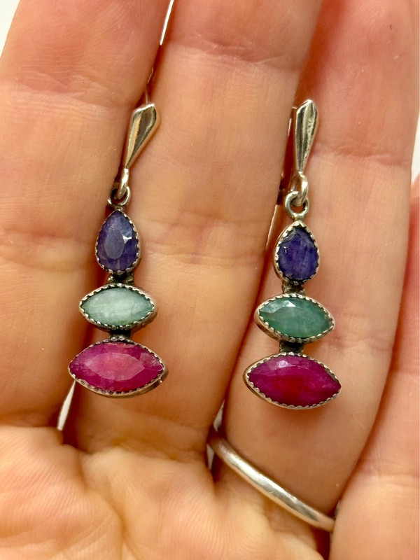 Stunning silver earrings with natural emerald, ruby, and sapphire.