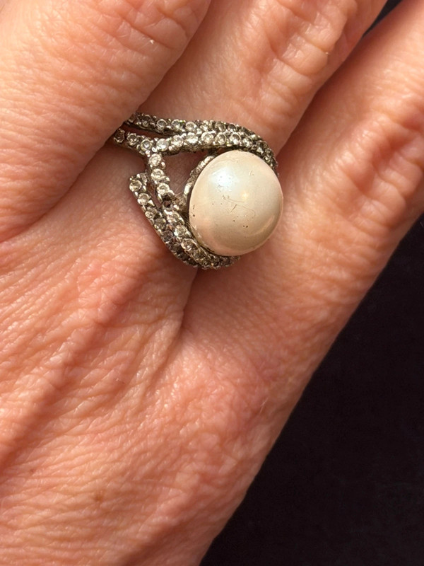 925 sterling silver ring with cubic zirconia and a pearl, size N #17.