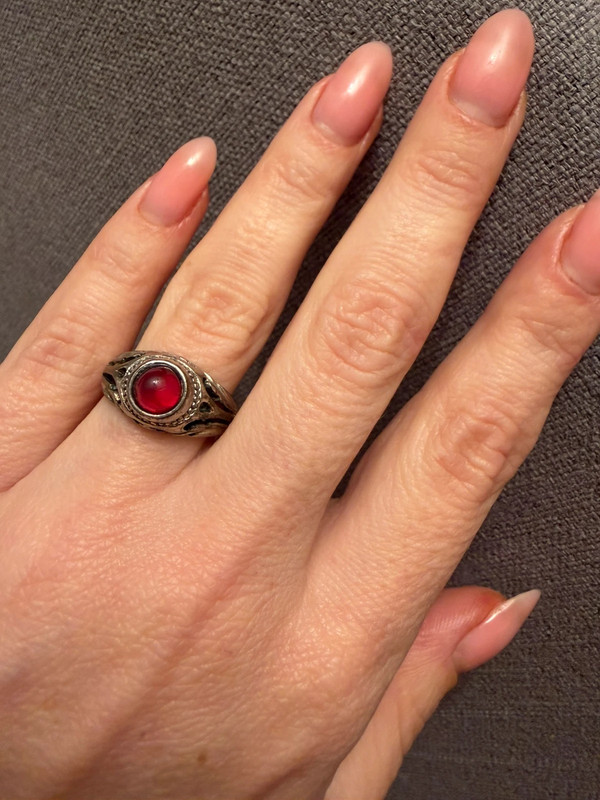 Vintage early 20th-century nickel ring, size L, with a red stone.