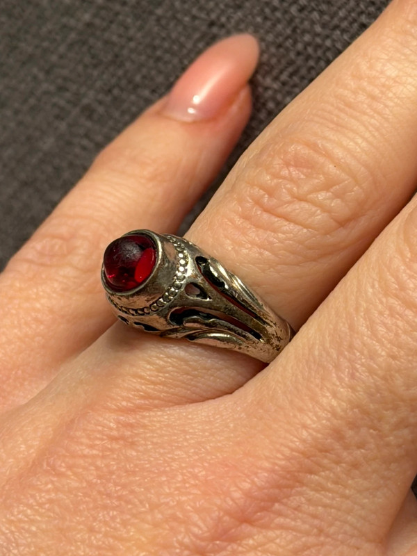 Vintage early 20th-century nickel ring, size L, with a red stone.
