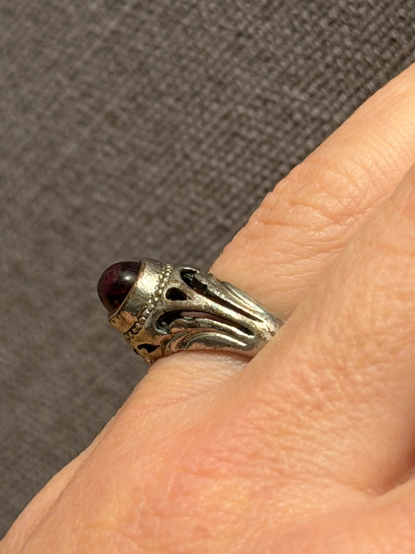 Vintage early 20th-century nickel ring, size L, with a red stone.