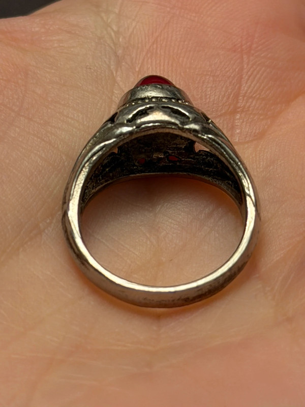 Vintage early 20th-century nickel ring, size L, with a red stone.