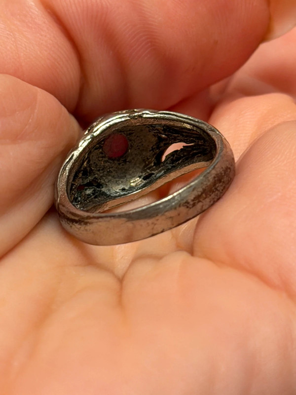 Vintage early 20th-century nickel ring, size L, with a red stone.