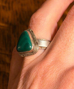 Antique silver ring with natural malachite, triangle shape, size m#18