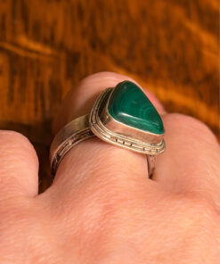 Antique silver ring with natural malachite, triangle shape, size m
