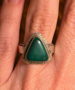 Antique silver ring with natural malachite, triangle shape, size m