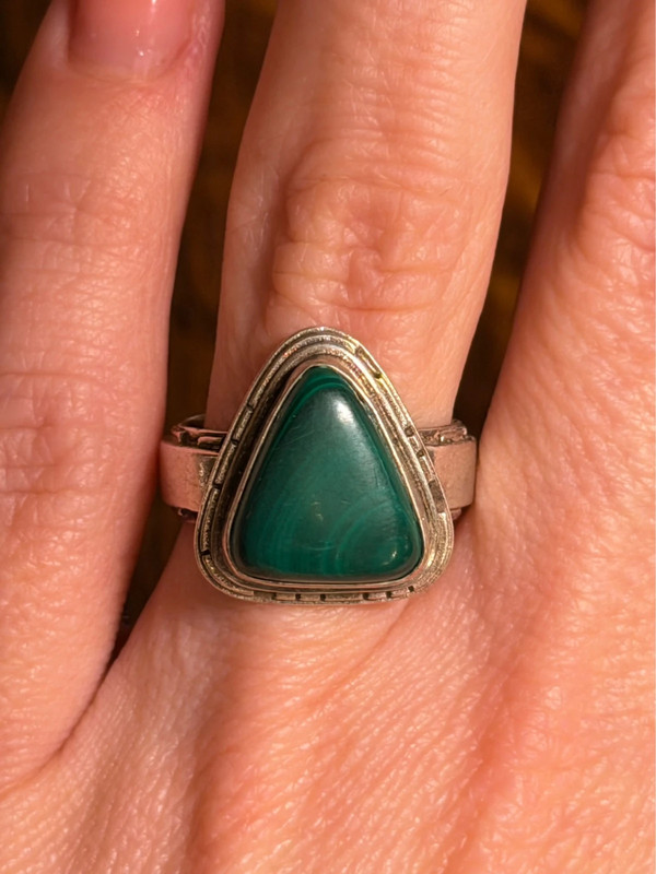Antique silver ring with natural malachite, triangle shape, size m#18