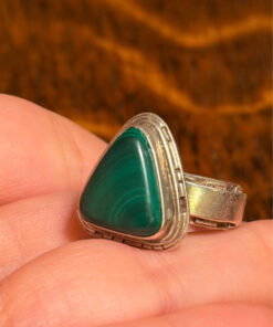 Antique silver ring with natural malachite, triangle shape, size m