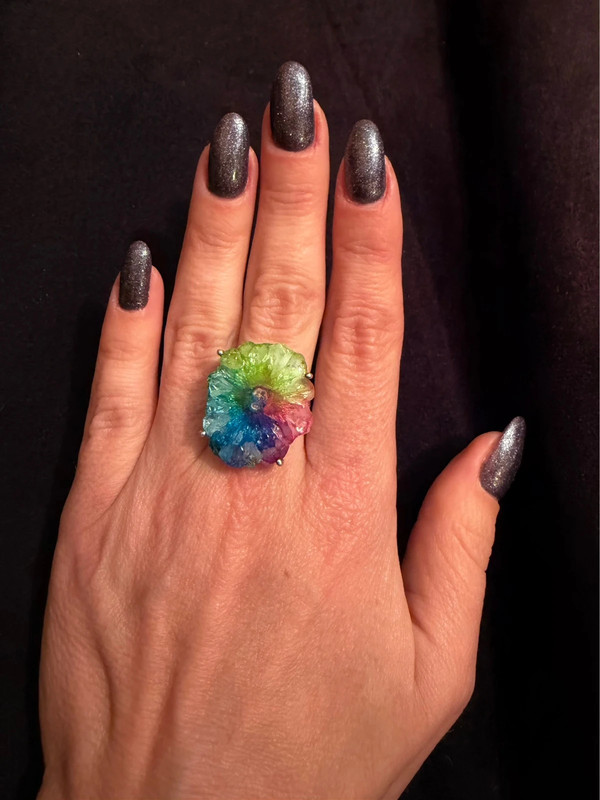 Amazing Natural Solar Crystal Quartz Sterling silver ring size N, Rainbow