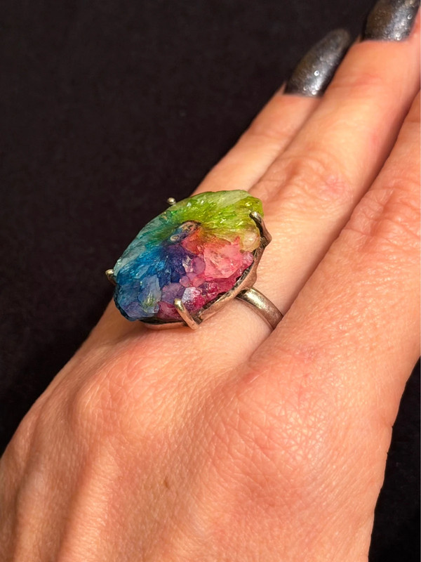 Amazing Natural Solar Crystal Quartz Sterling silver ring size N, Rainbow