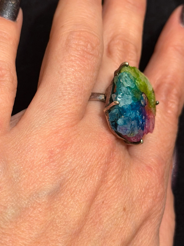 Amazing Natural Solar Crystal Quartz Sterling silver ring size N, Rainbow