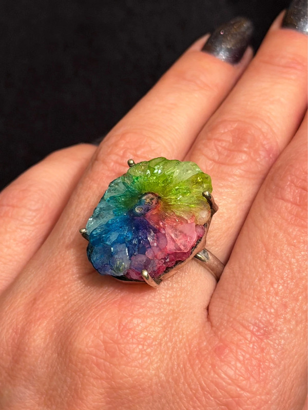 Amazing Natural Solar Crystal Quartz Sterling silver ring size N, Rainbow