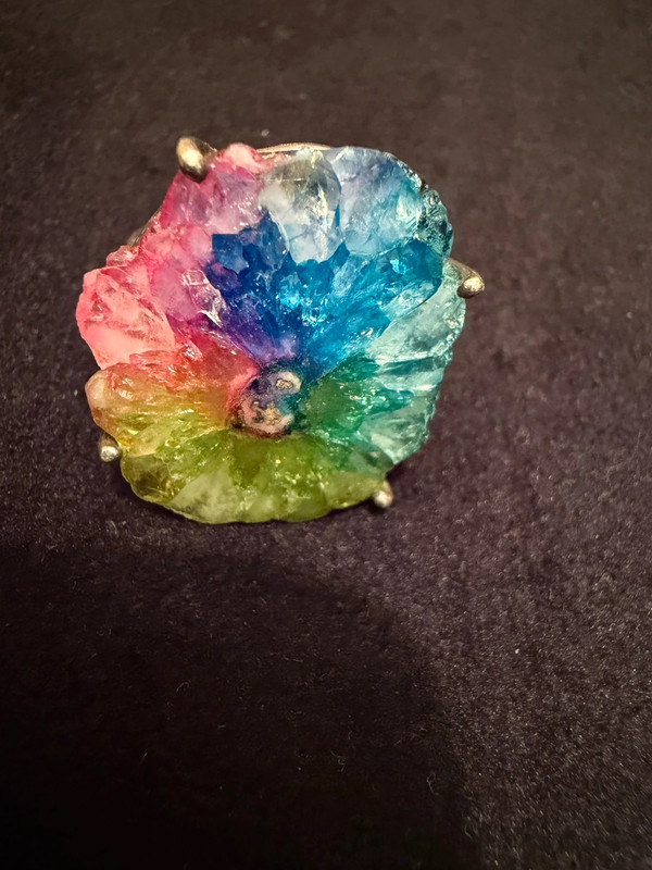 Amazing Natural Solar Crystal Quartz Sterling silver ring size N, Rainbow